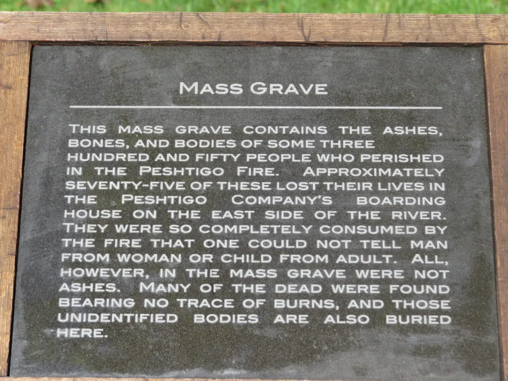 mass grave marker at Peshtigo Fire Cemetery