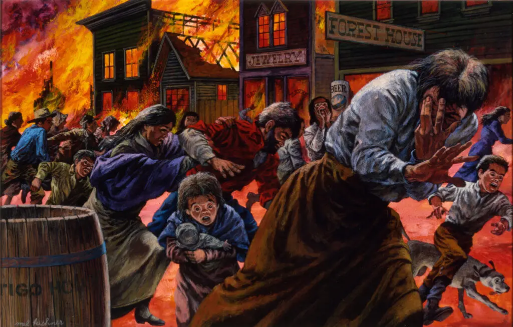 Painting of villagers running from the Peshtigo Fire