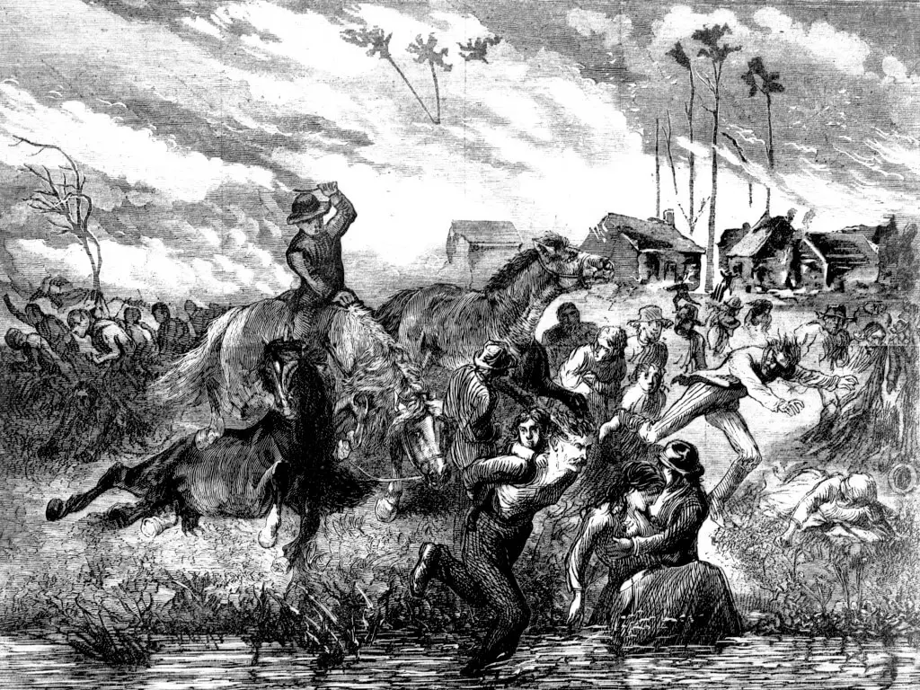 Drawing of people fleeing the Peshtigo Fire